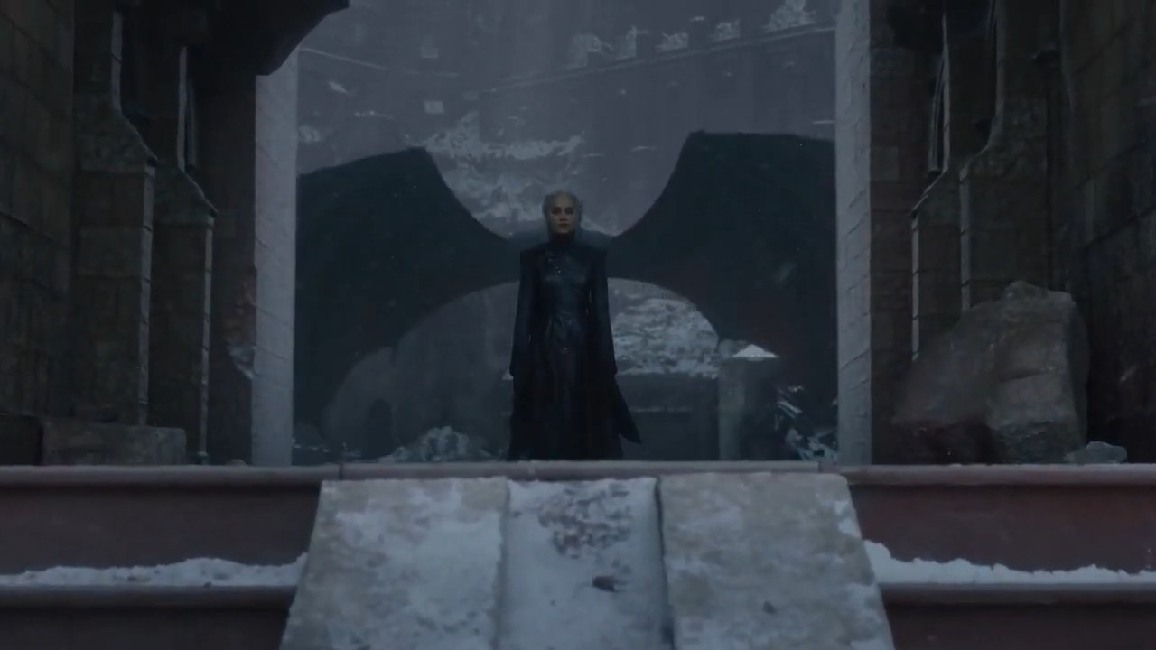 Dany with her dragon&#x27;s wings opening up behind her in &quot;Game of Thrones&quot;
