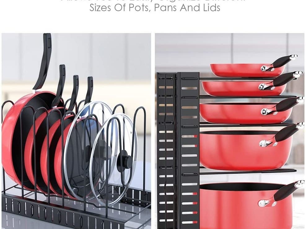 A split photo of the rack being used to store pots and pans vertically and horizontally