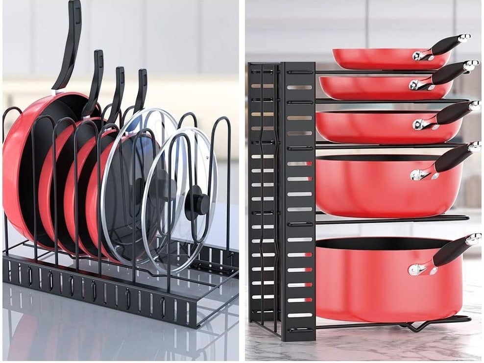 A split photo of the rack being used to store pots and pans vertically and horizontally