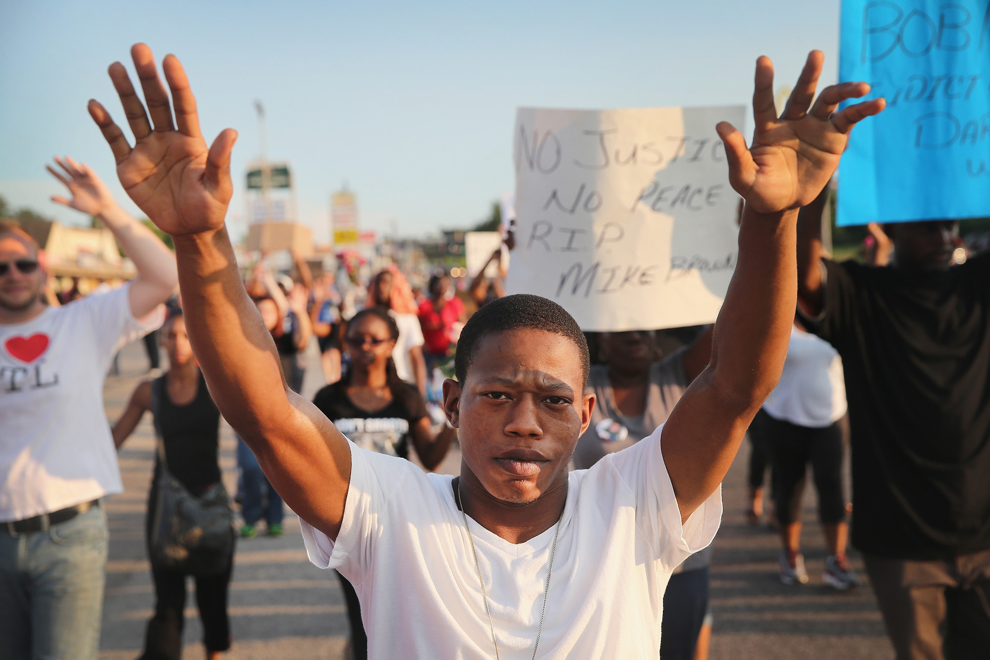 An image of demonstrators protesting Michael Brown&#x27;s killing in Ferguson in 2014