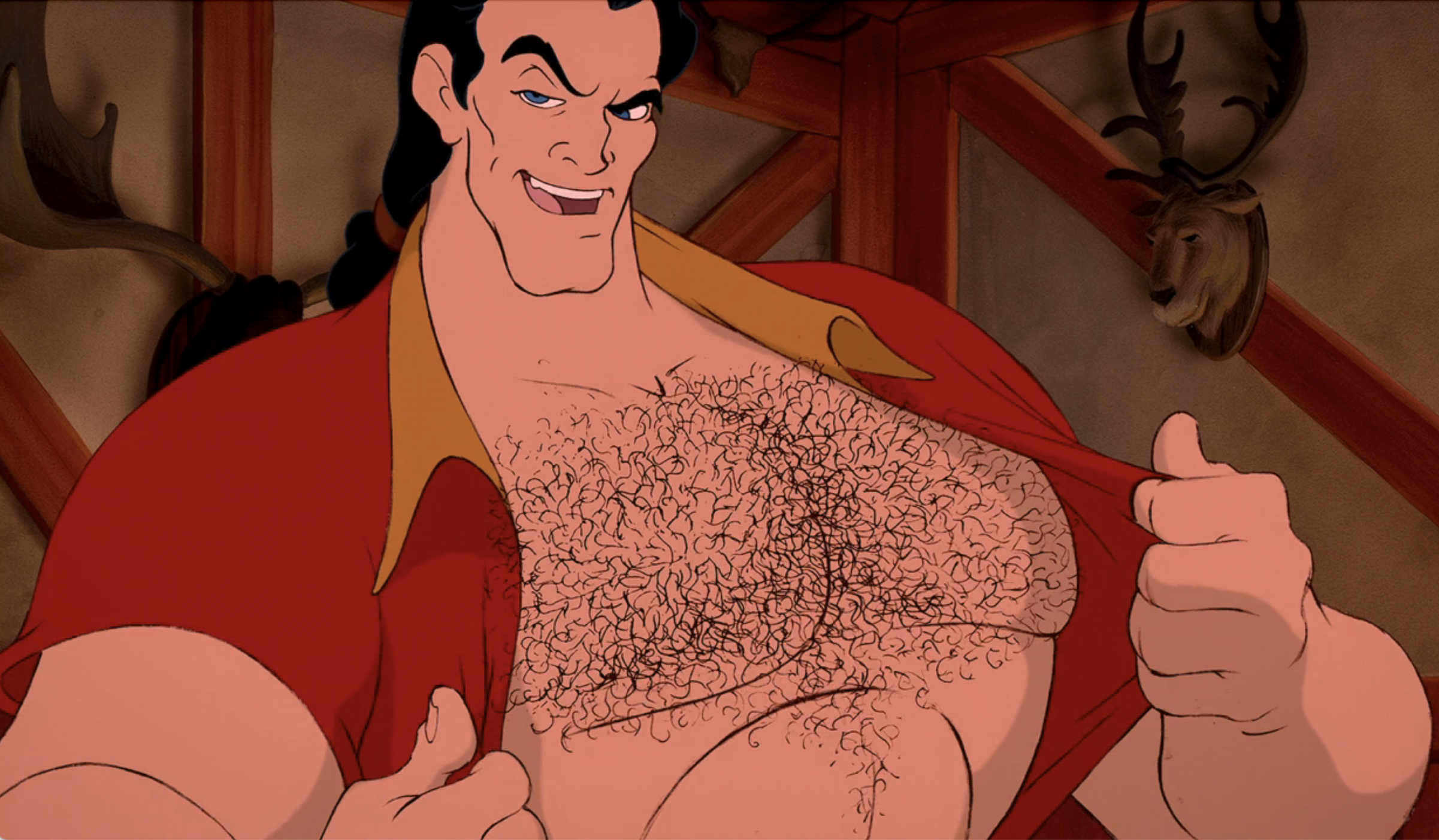 Gaston showing his chest hair
