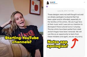 Brie Larson smiling with the text "starting YouTube channels?" and a screenshot of Kendall Jenner's notes app apology for her clothing line with text "notes app apologies?"