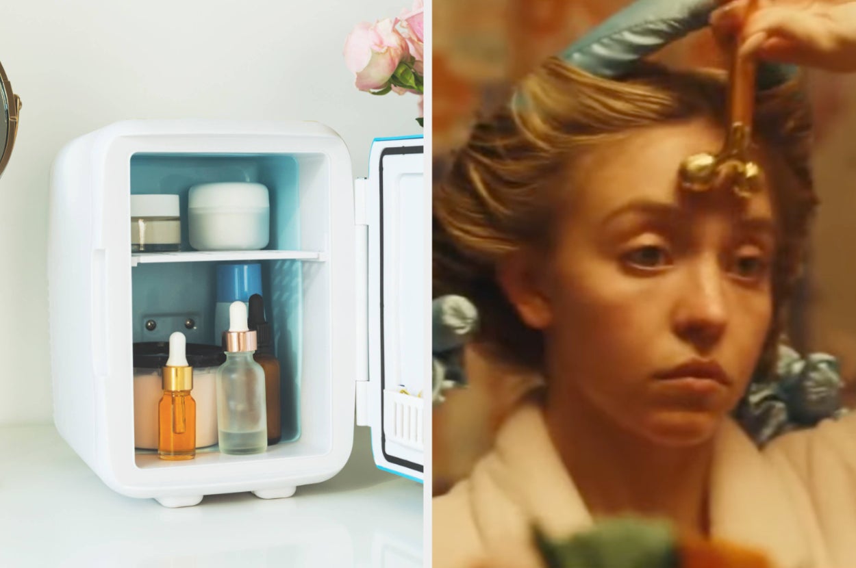 a small fridge filled with skincare products and cassie from euphoria doing her skincare routine