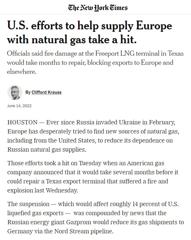 Screenshot of New York Times&#x27; article, &quot;U.S. efforts to help supply Europe with natural gas take a hit&quot;