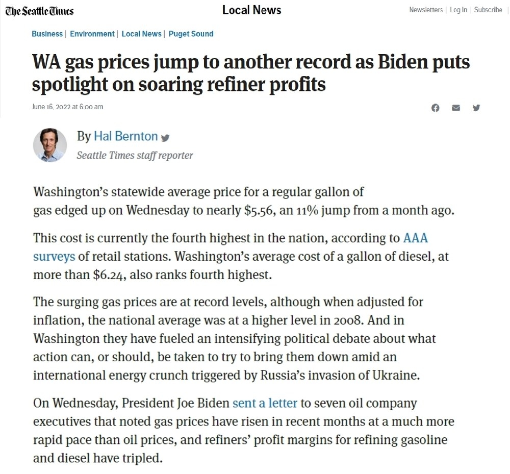 Screenshot of Seattle Times&#x27; article, &quot;WA gas prices jump to another record as Biden puts spotlight on soaring refiner profits&quot;