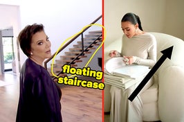 Kris Jenner talking to the camera with a floating staircase behind her circled, Kim Kardashian reading from a book on a fluffy chair with an arrow pointing to the chair