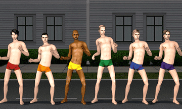 a group of male characters in boxer briefs dancing