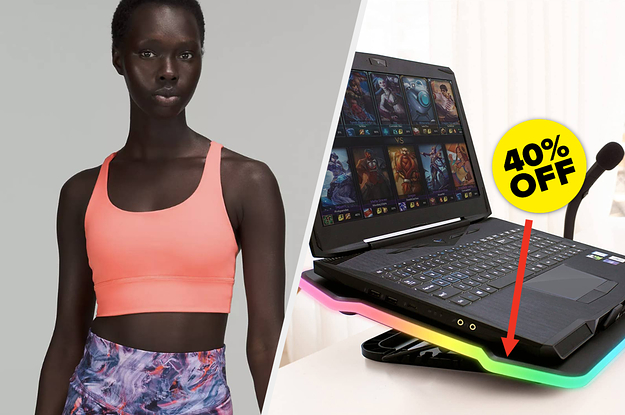 A person wearing a sports bra and a laptop on a cooling stand