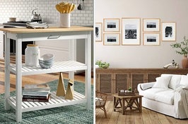 White prep table with wood top filled with various kitchen accessories; nine-piece gallery wall