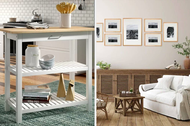 White prep table with wood top filled with various kitchen accessories; nine-piece gallery wall
