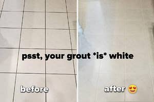 white tile floor with dirty grout, then the same floor with white grout