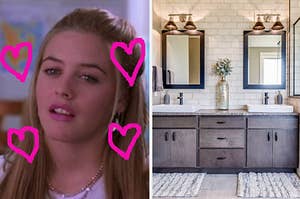 A close up of Cher Horowitz as she looks in loved and a double vanity bathroom
