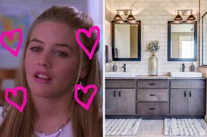 A close up of Cher Horowitz as she looks in loved and a double vanity bathroom