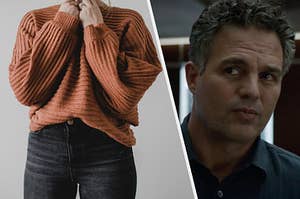 A woman wears a sweater with jeans and close up of Bruce Banner in a dark button up shirt
