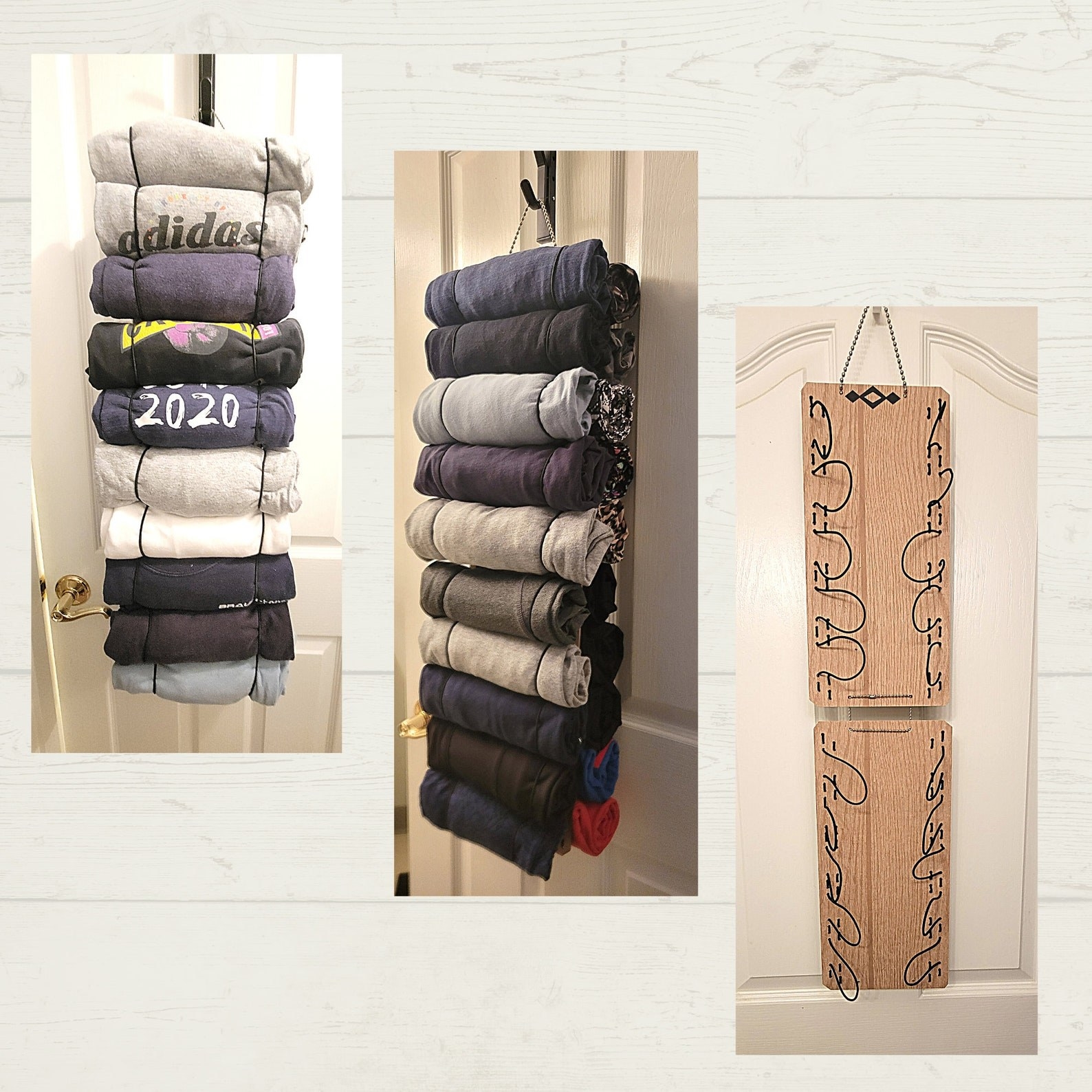 Three images showing how the roll keeper stores t-shirts, towels, and other items compactly