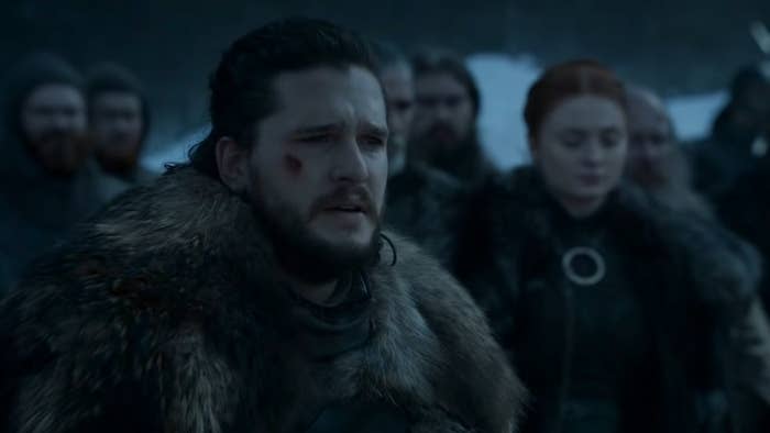 Jon speaking to a crowd with Sansa and some Free Folk behind him in &quot;Game of Thrones&quot;