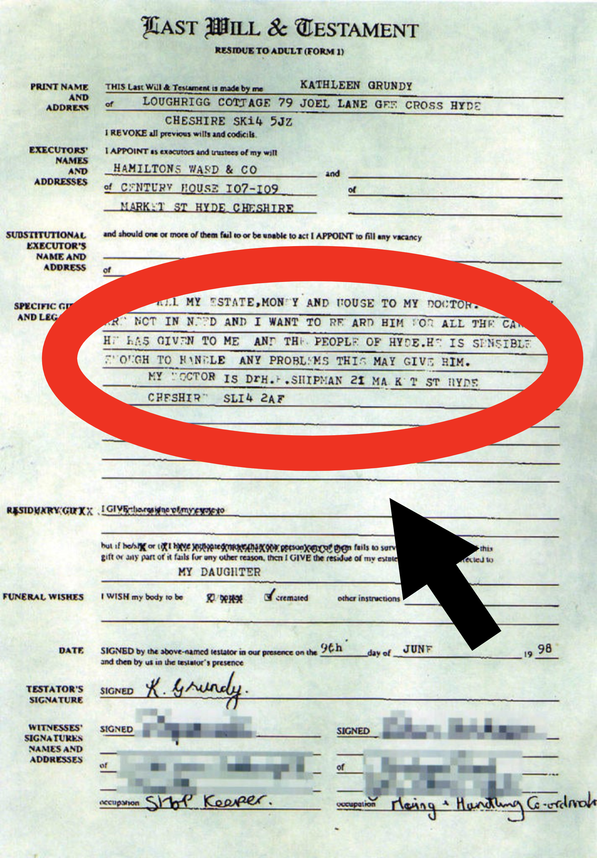 A photo of the patient&#x27;s will, which named Shipman her sole beneficiary