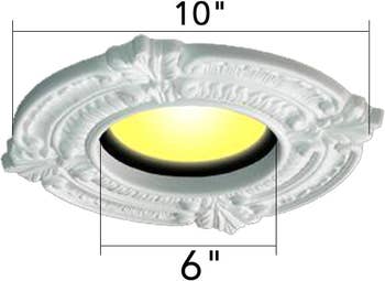 An illustration of the medallion installed over a recessed light, including measurements showing that the inside has a diameter of 6 inches and the outside has a diameter of 10 inches.