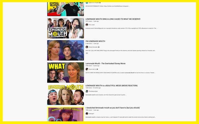 A screenshot of the YouTube search page for &quot;Lemonade Mouth commentary&quot; shows a slew of different commentary and reaction videos