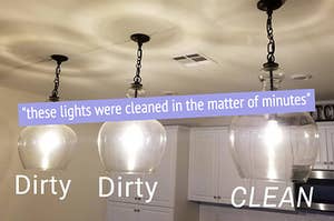 three pendant lights dirty, dirty, and clean "these lights were cleaned in the matter of minutes"