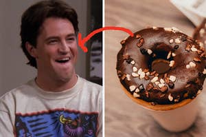 Chandler Bing smiles while sticking his tongue against his bottom lip and a chocolate donut sits on top of a coffee cup