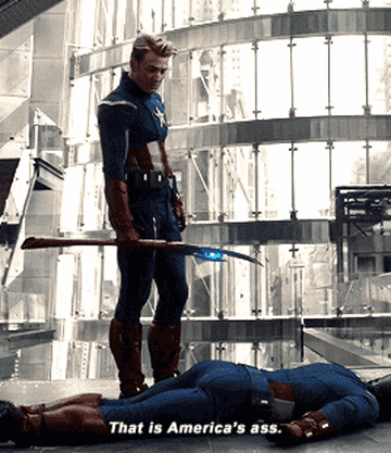Chris Evans as Captain America turning around and saying, &quot;That is America&#x27;s ass&quot;