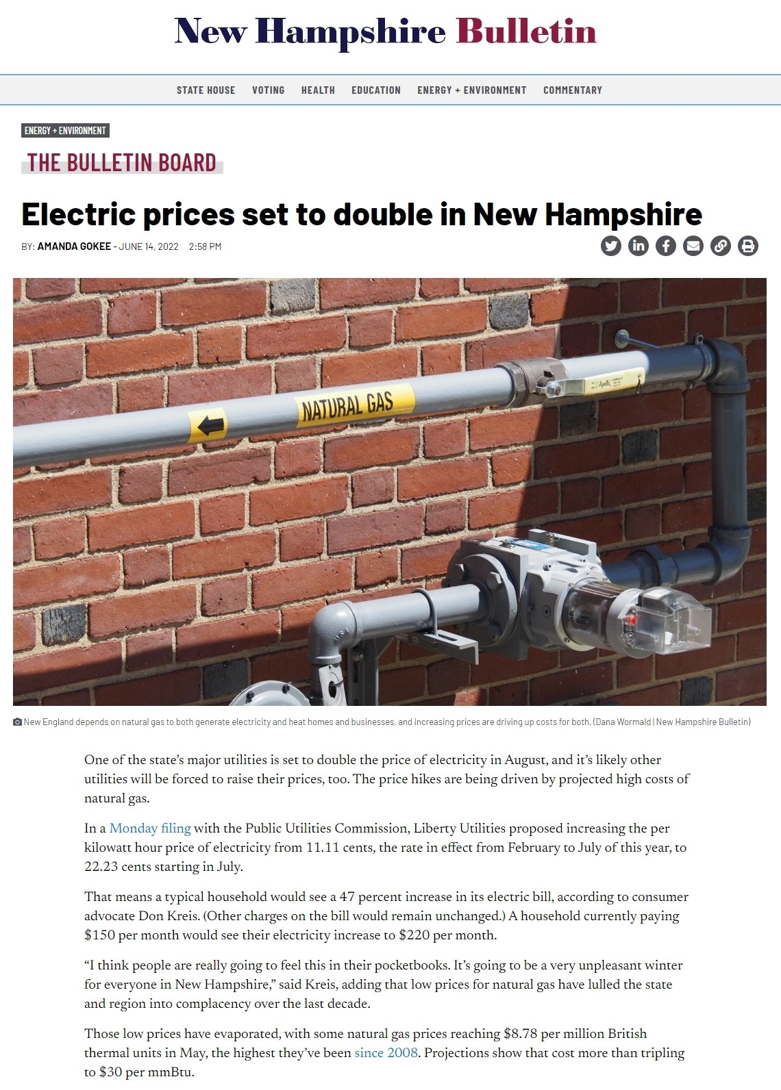 Screenshot of New Hampshire Bulletin&#x27;s article, &quot;Electric prices set to double in New Hampshire&quot;