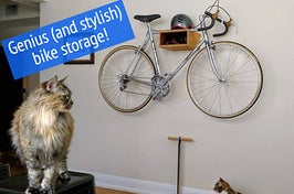 wall mounted bike hanger shelf with text "genius and stylish bike storage"