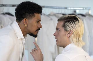 A production still of Keiynan Lonsdale and Dylan Sprouse in My Fake Boyfriend