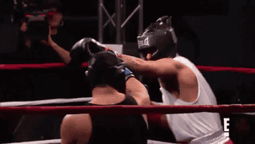 Rob tries to land one punch, misses, and then his opponent responds with a flurry of punches