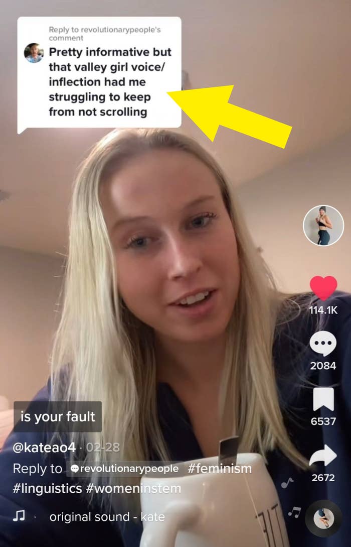 Screenshot of one of Kate&#x27;s TikToks with the comment, &quot;Pretty informative but that valley girl voice/inflection had me struggling to keep from not scrolling&quot;