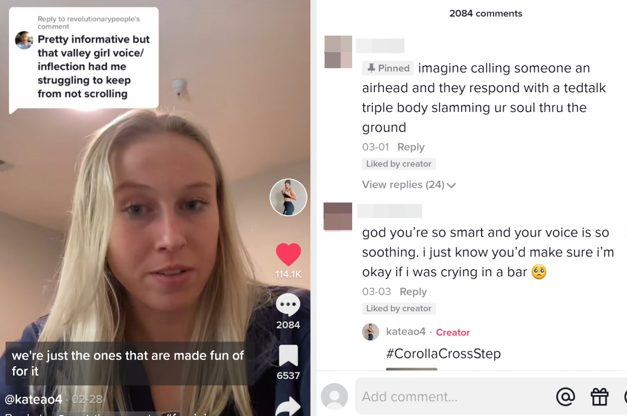 screenshot of Kate&#x27;s TikTok response next to a screenshot of comments she received, such as, &quot;Imagine calling someone an airhead and they response with a TedTalk triple body slamming your soul through the ground&quot;
