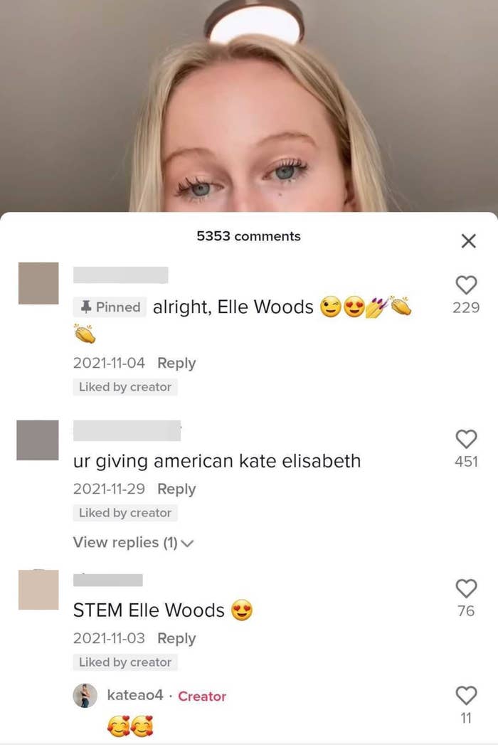 Screenshots of comments calling Kate &quot;Elle Woods&quot;