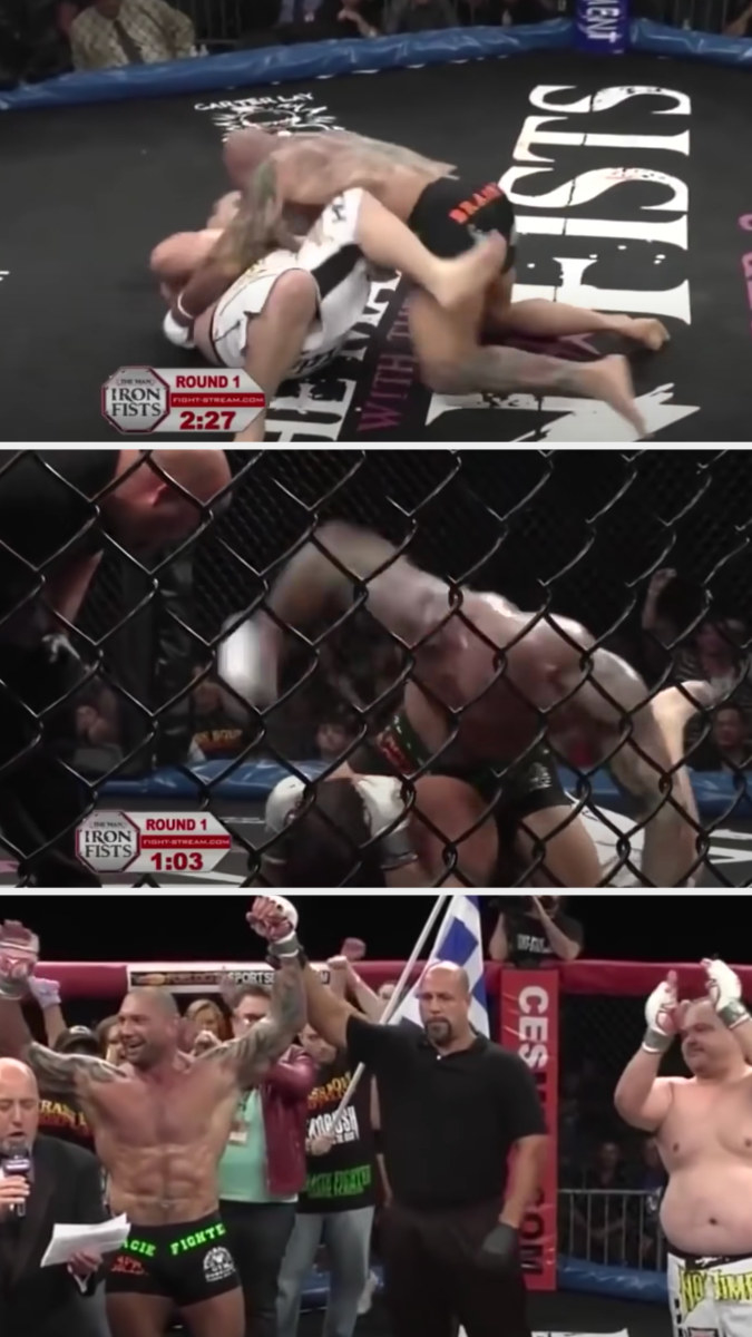 Bautista knocking his opponent onto the mat, getting on top of him, and pummeling him until the ref stops the fight