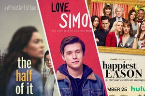 The Half of It, Love, Simon, and The Happiest Season movie posters