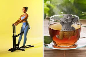 to the left: a squat machine, to the right: a sloth tea diffuser