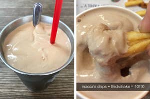 Left: A chocolate thickshake; Right: A hand holding hot chips that have been dipped in a chocolate thickshake