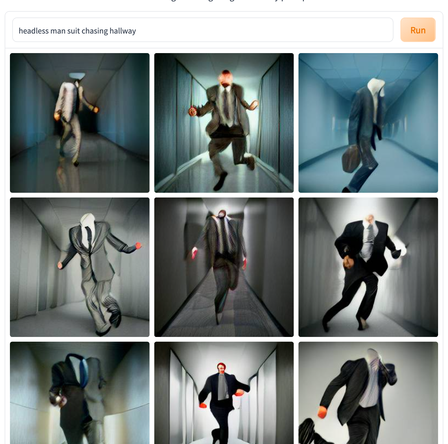 Nine AI images of a headless man in a suit running down a hall