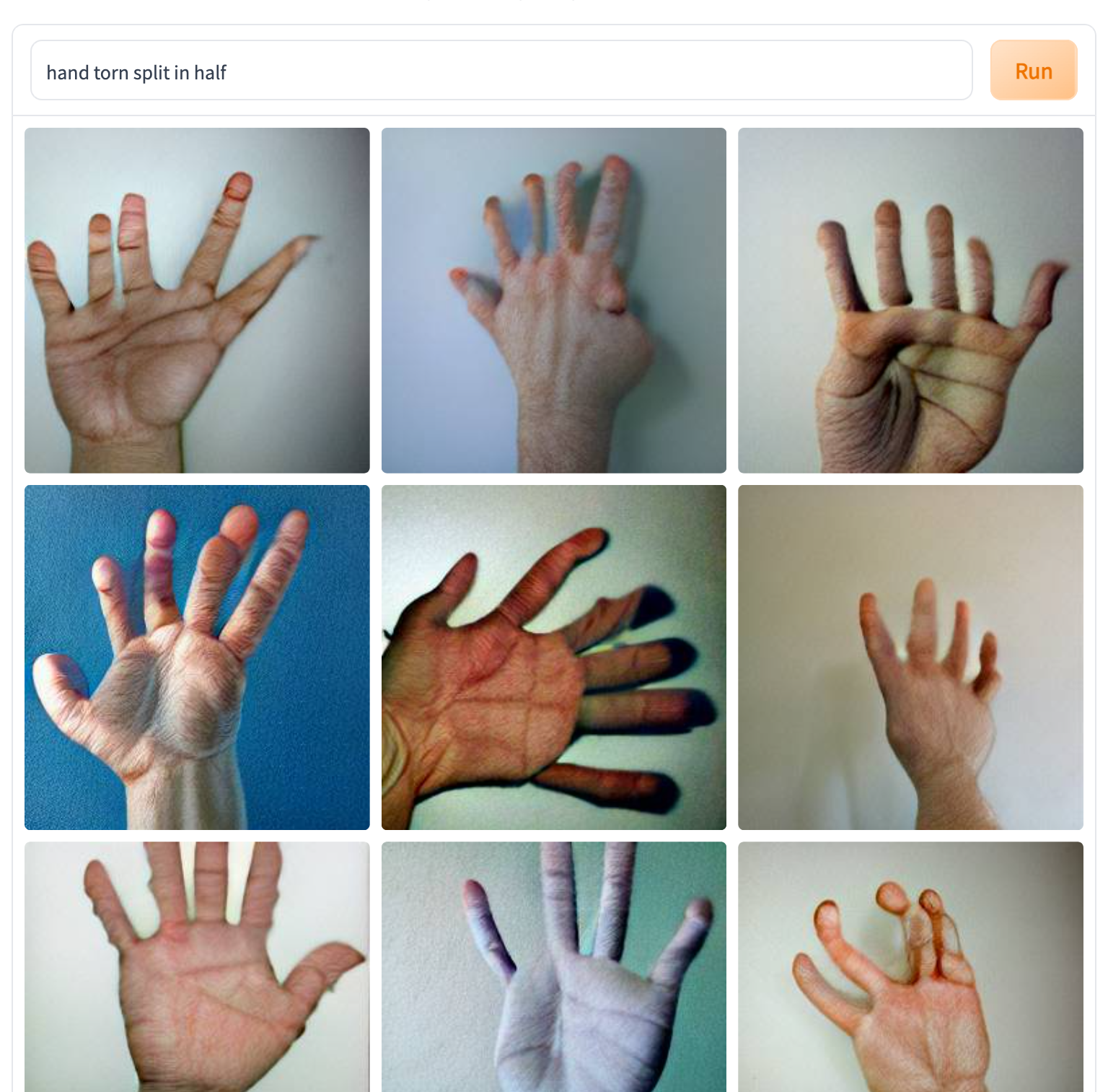 Nine AI-generated images of distorted hands