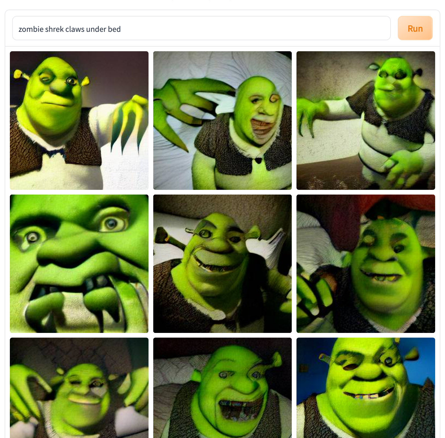 Nine AI generated images of Shrek looking demonic
