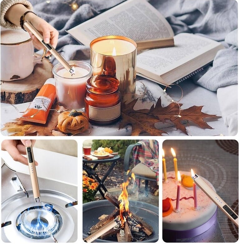 the lighter being shown lighting a candle, stove, campfire and birthday candle