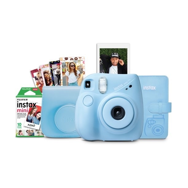 Blue Polaroid camera with carrying case
