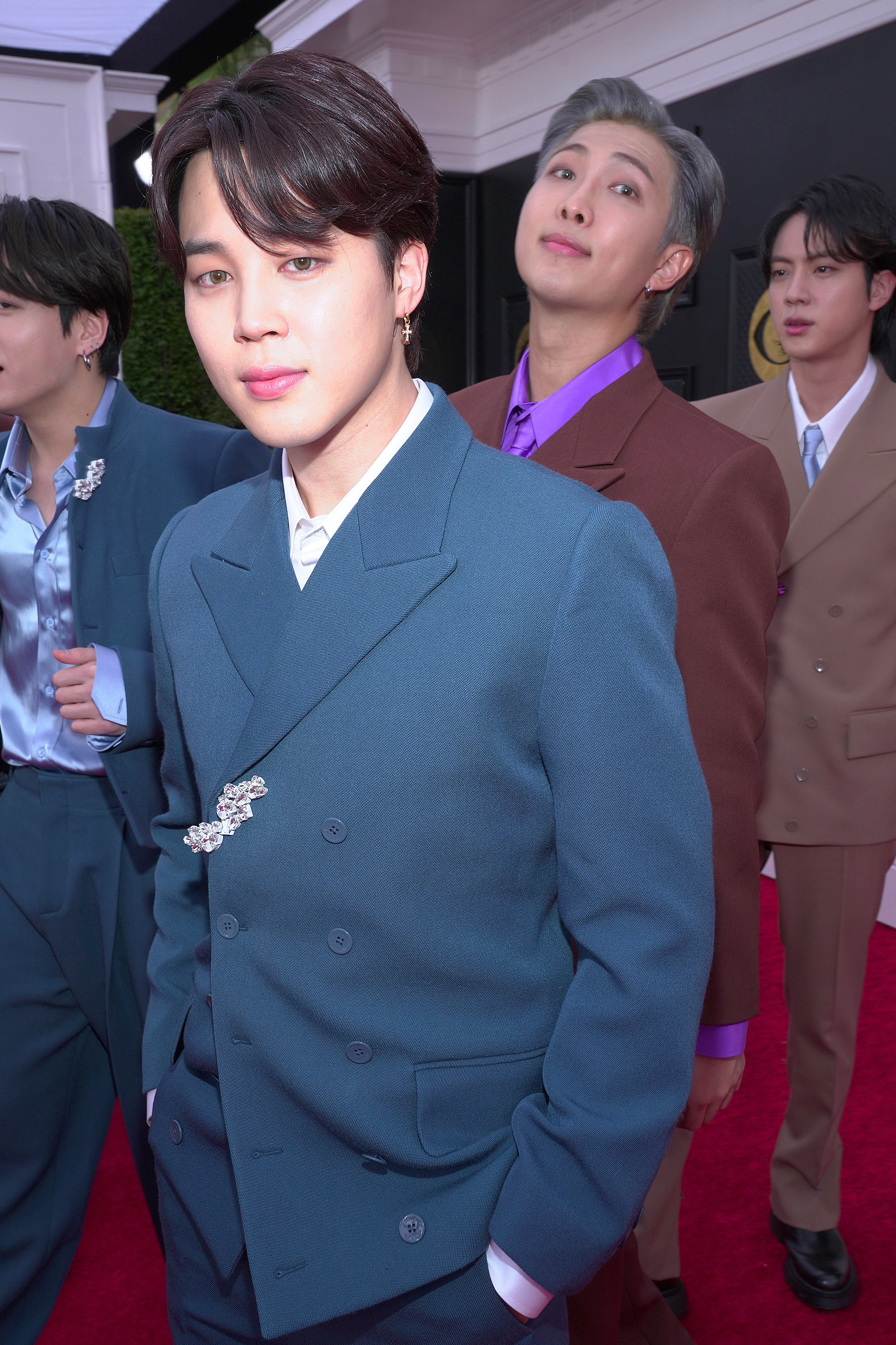 Jimin and RM of BTS attend the 64th Annual GRAMMY Awards at MGM Grand Garden Arena on April 03, 2022