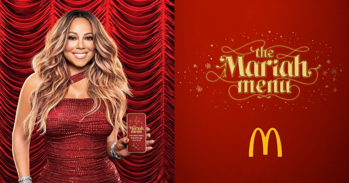 A McDonalds ad that shows Mariah Carey looking glam in a red dress holding a phone, the text says &quot;the Mariah menu&quot;