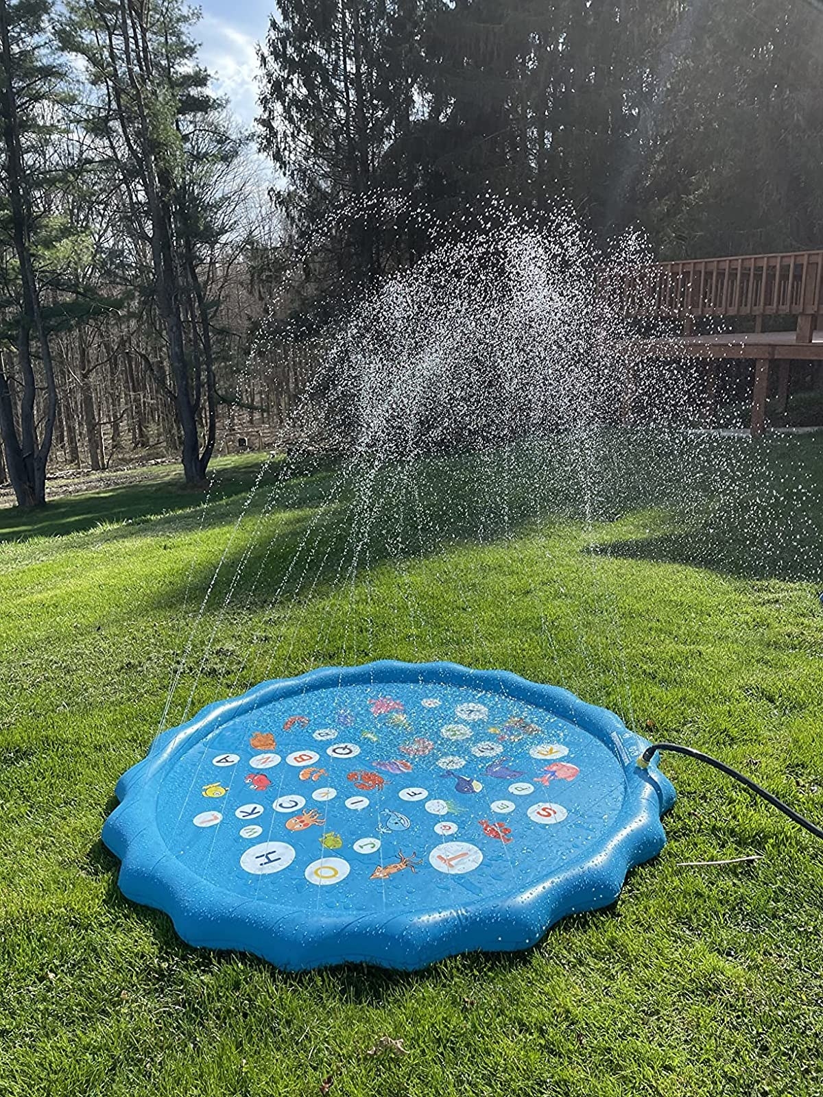 reviewer&#x27;s photo of the splash pad with the water spraying out