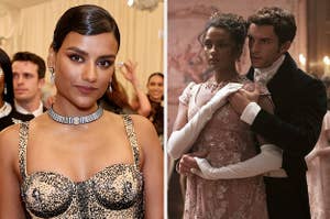 Simone at the Met Gala side by side with a picture of Kate and Anthony from Bridgerton Season 2