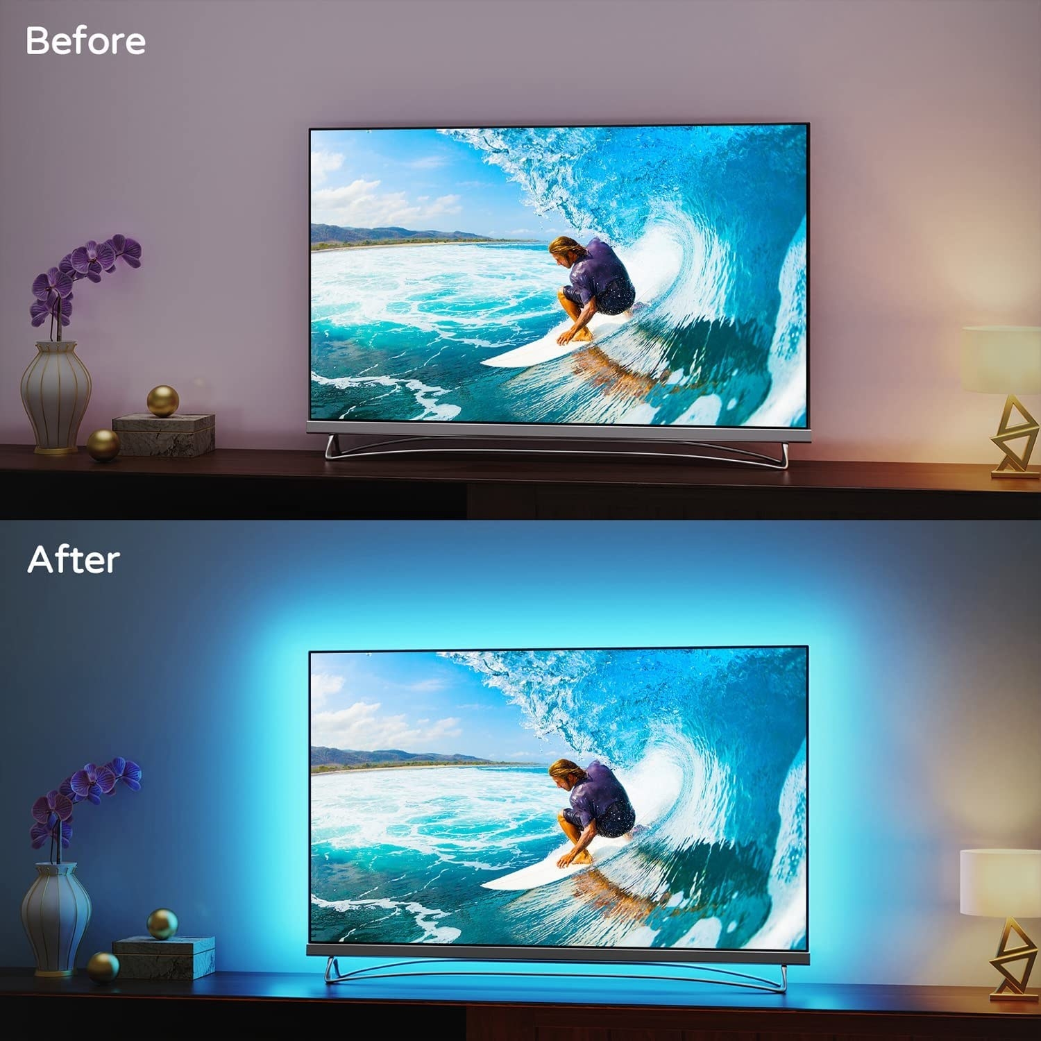 A TV with and without the light strip