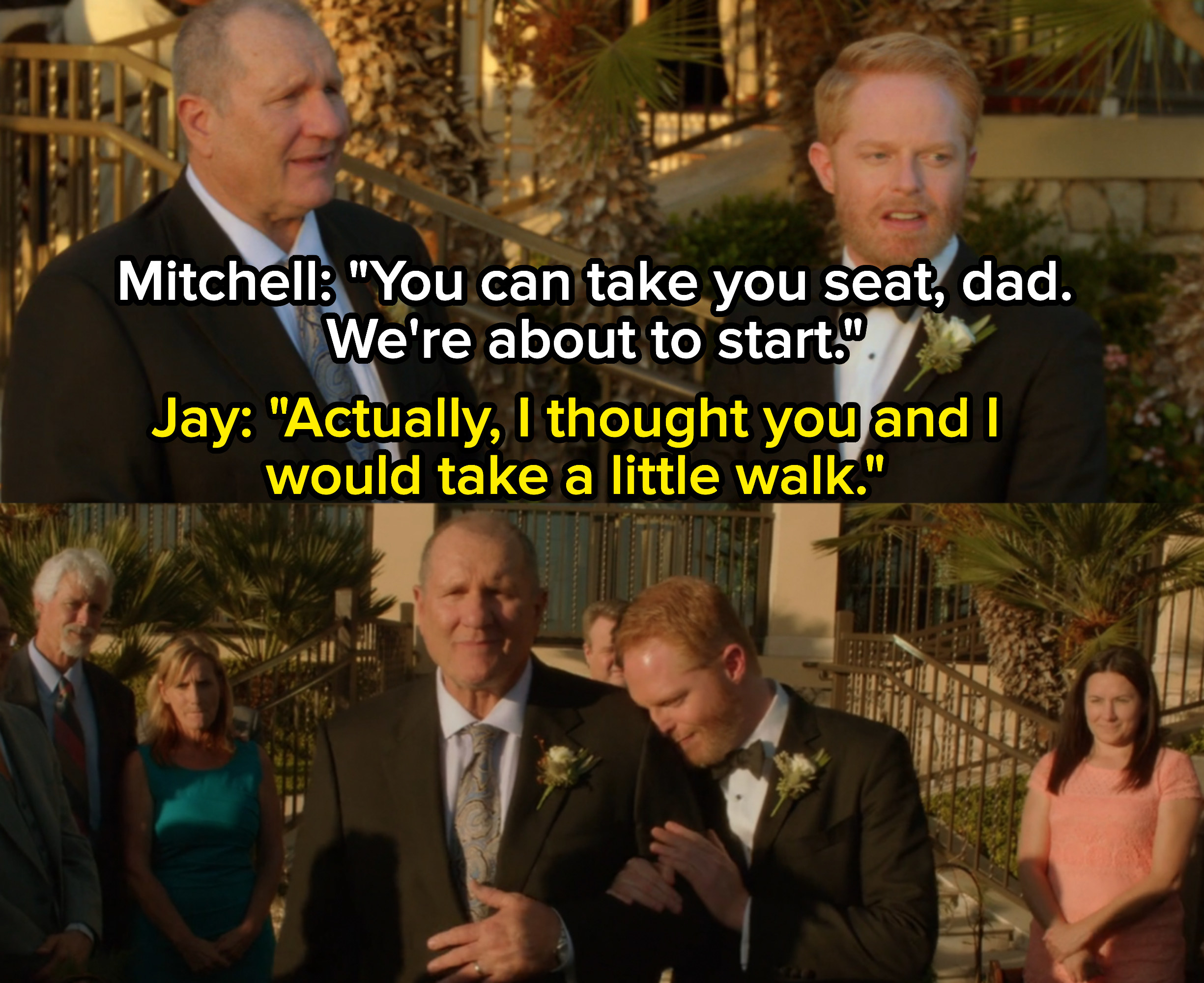 Mitchell Pritchett walks down the aisle of his wedding with his father, Jay