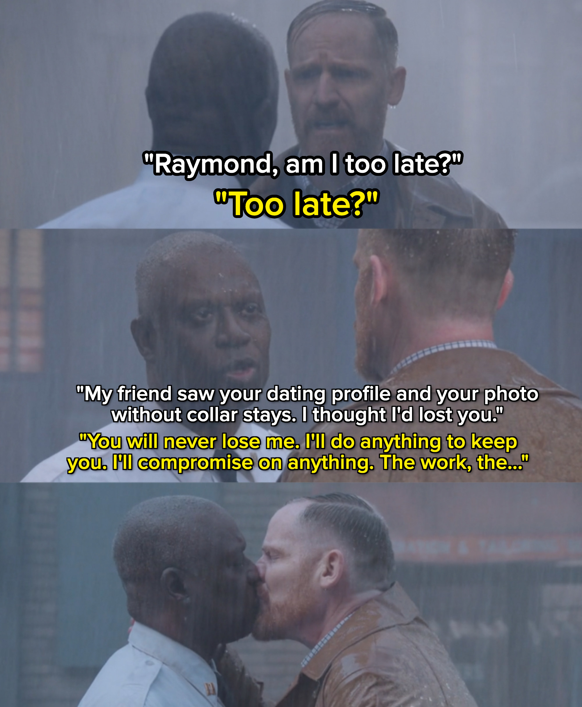 Raymond Holt and Kevin Cozner talk to each other before kissing all while it rains around them