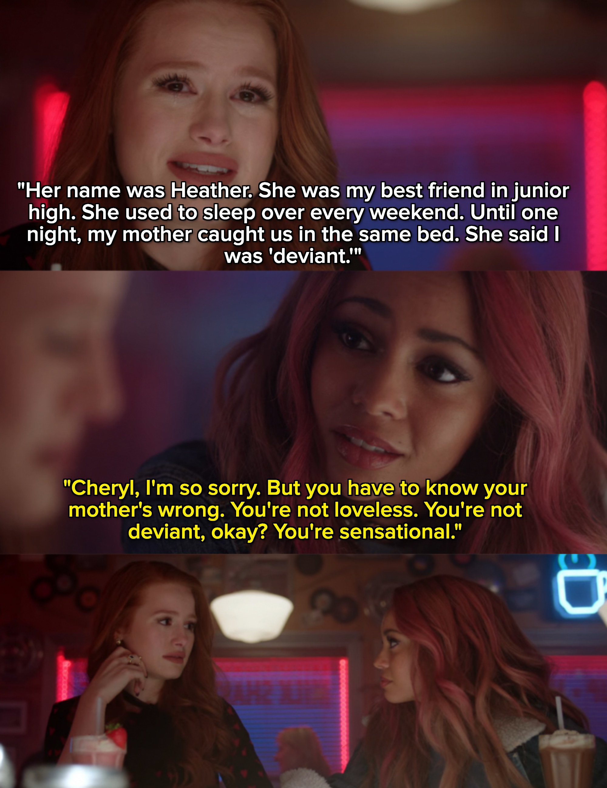 Cheryl Blossom cries before Toni Topaz comforts her and they begin to hold hands while drinking milkshakes in a diner